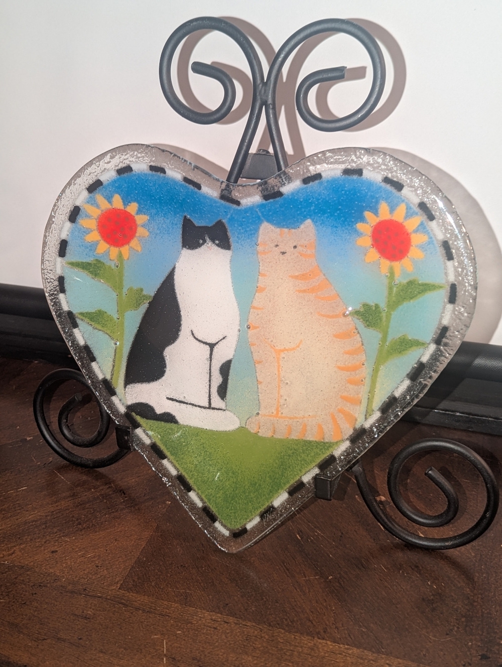 Peggy Karr Cats And Sunflower Heart shaped Fused Glass Art